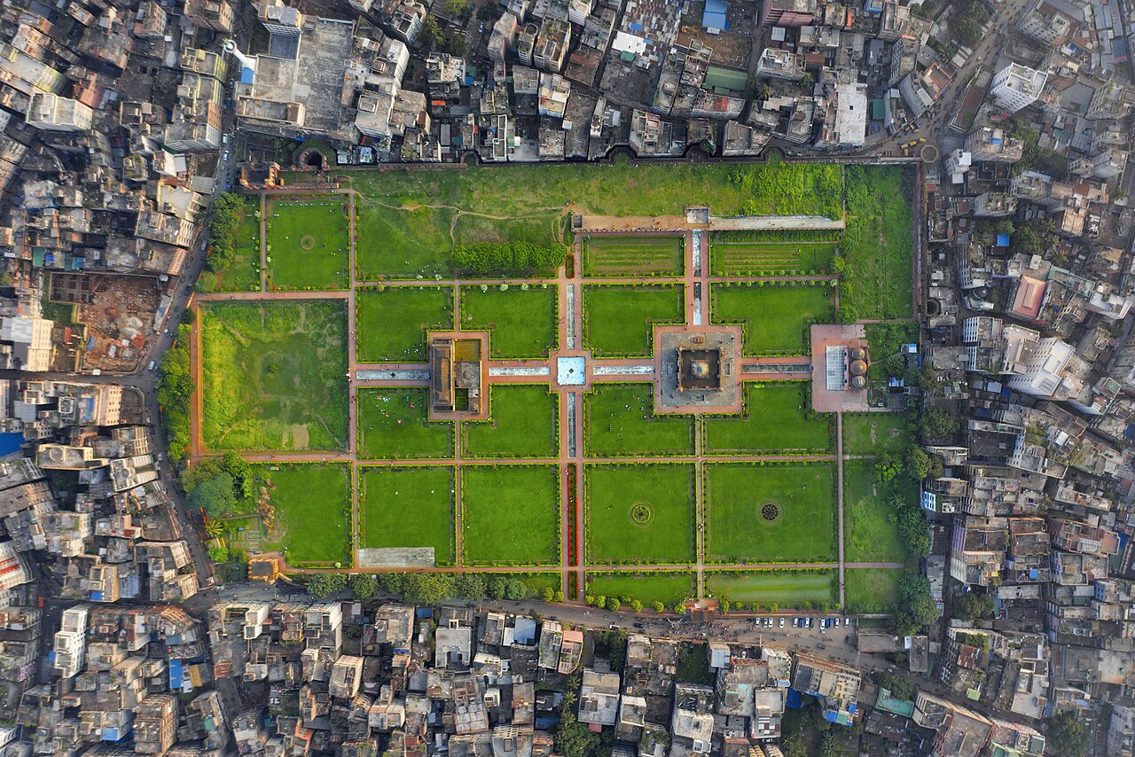 Aerial view of Lalbagh Fort and its green grounds, Dhaka