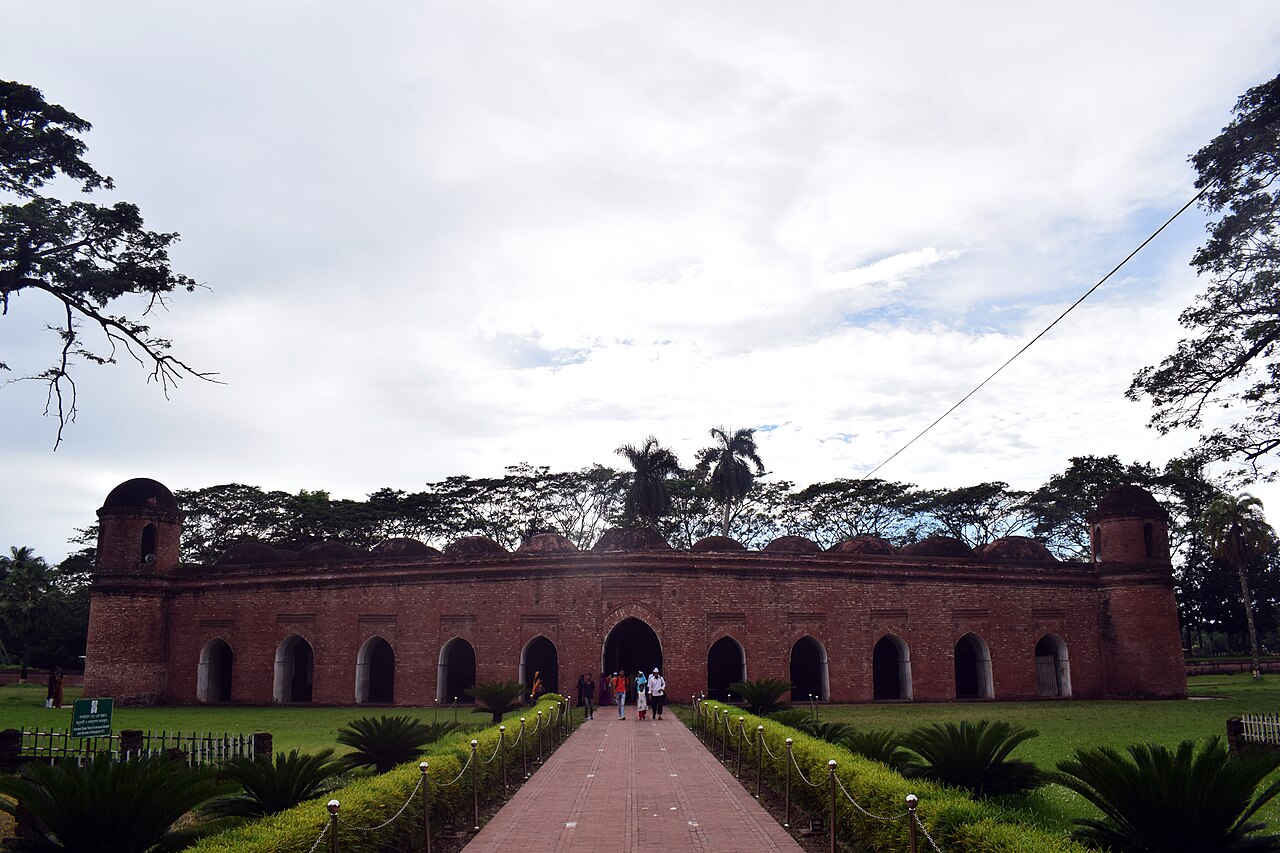 Front view of the Sixty Dome Mosque in Bagerhat